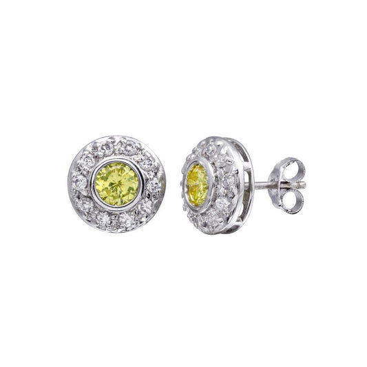 Closeout-Rhodium Plated 925 Sterling Silver Round Halo Yellow and Clear CZ Stud Earrings - STEM057 | Silver Palace Inc.