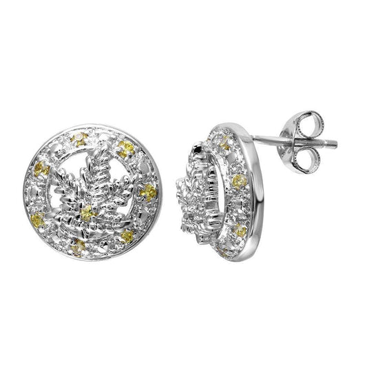 Closeout-Silver 925 Rhodium Plated Yellow CZ Marijuana Leaf Stud Earrings - STEM066YLW | Silver Palace Inc.