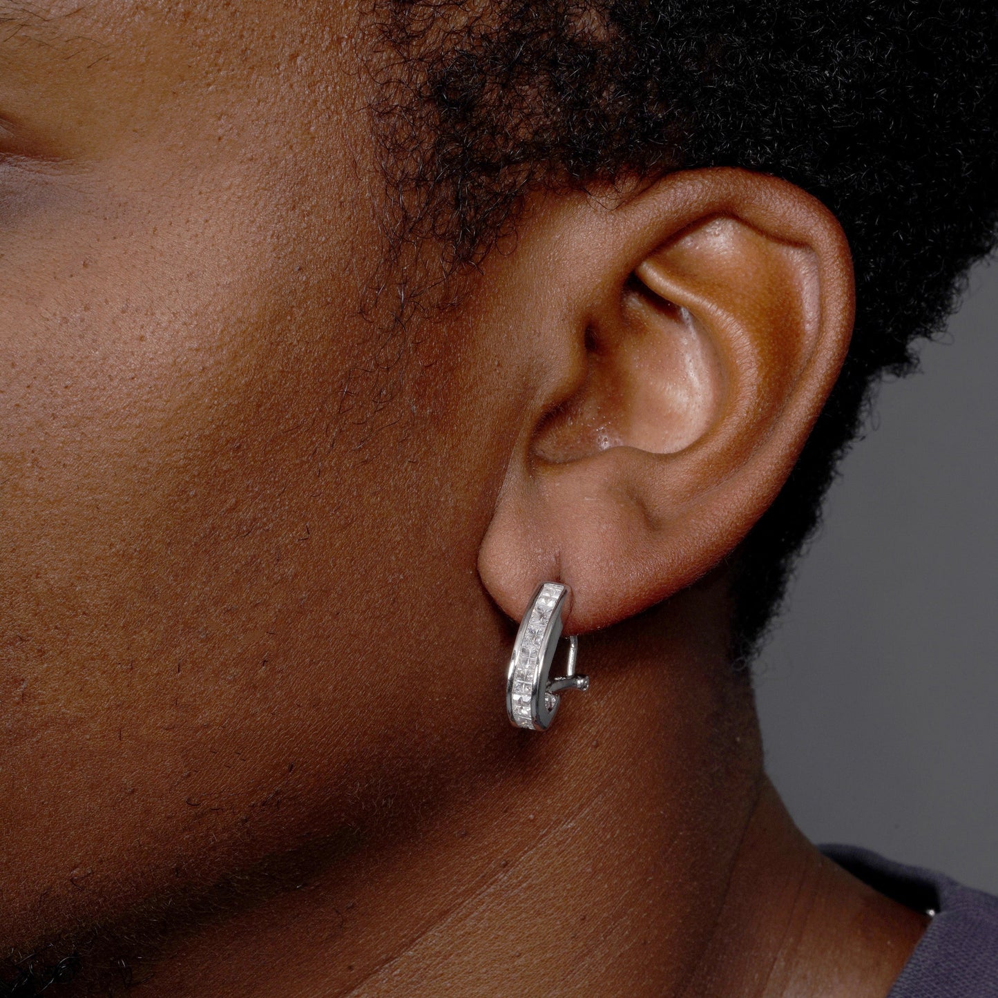 Clearance-Silver 925 Rhodium Invisible Clear CZ Half Hoop Earrings - STEM111