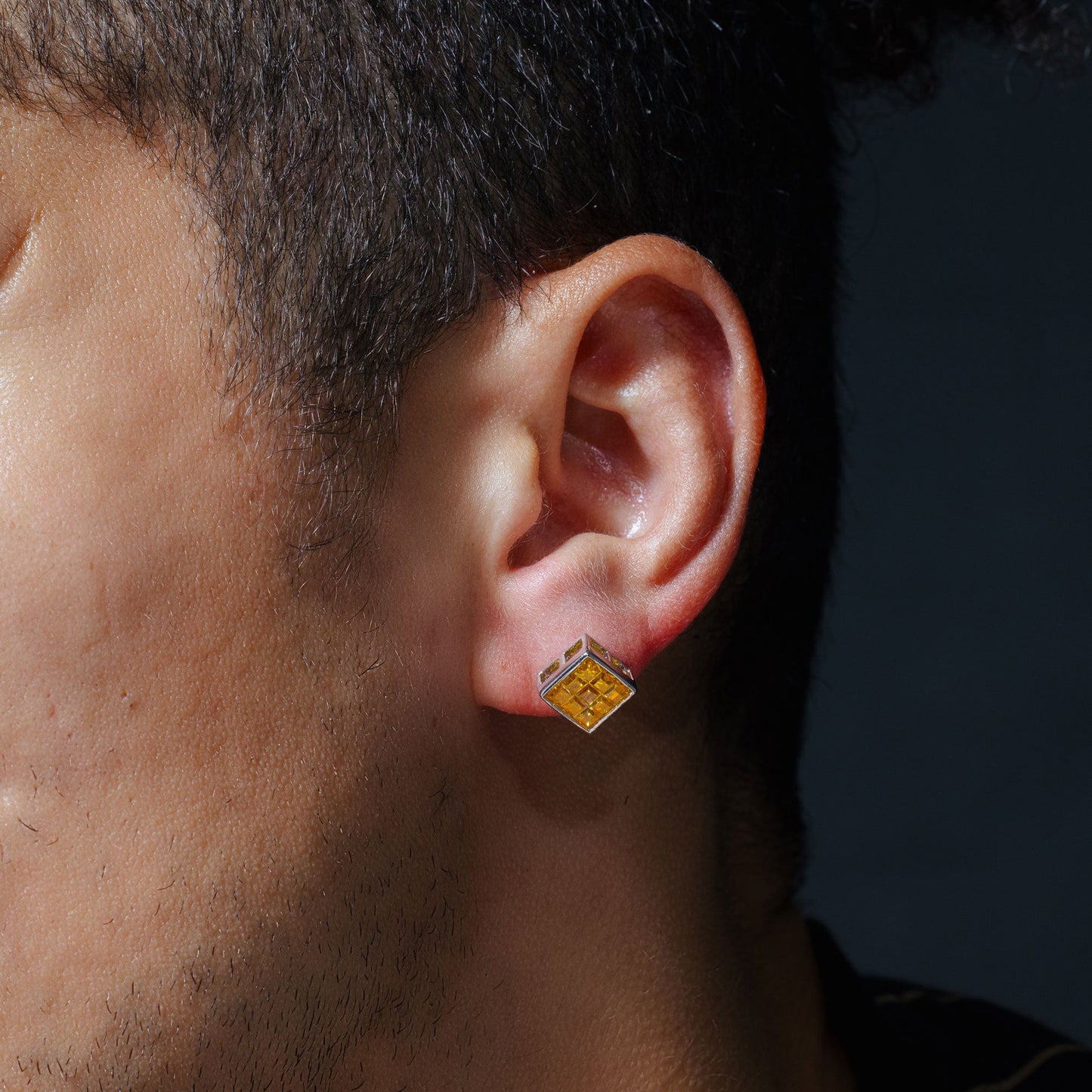 Clearance-Rhodium Plated 925 Sterling Silver Square DC Yellow Citrine CZ Stud Earring - STEM150-9MM