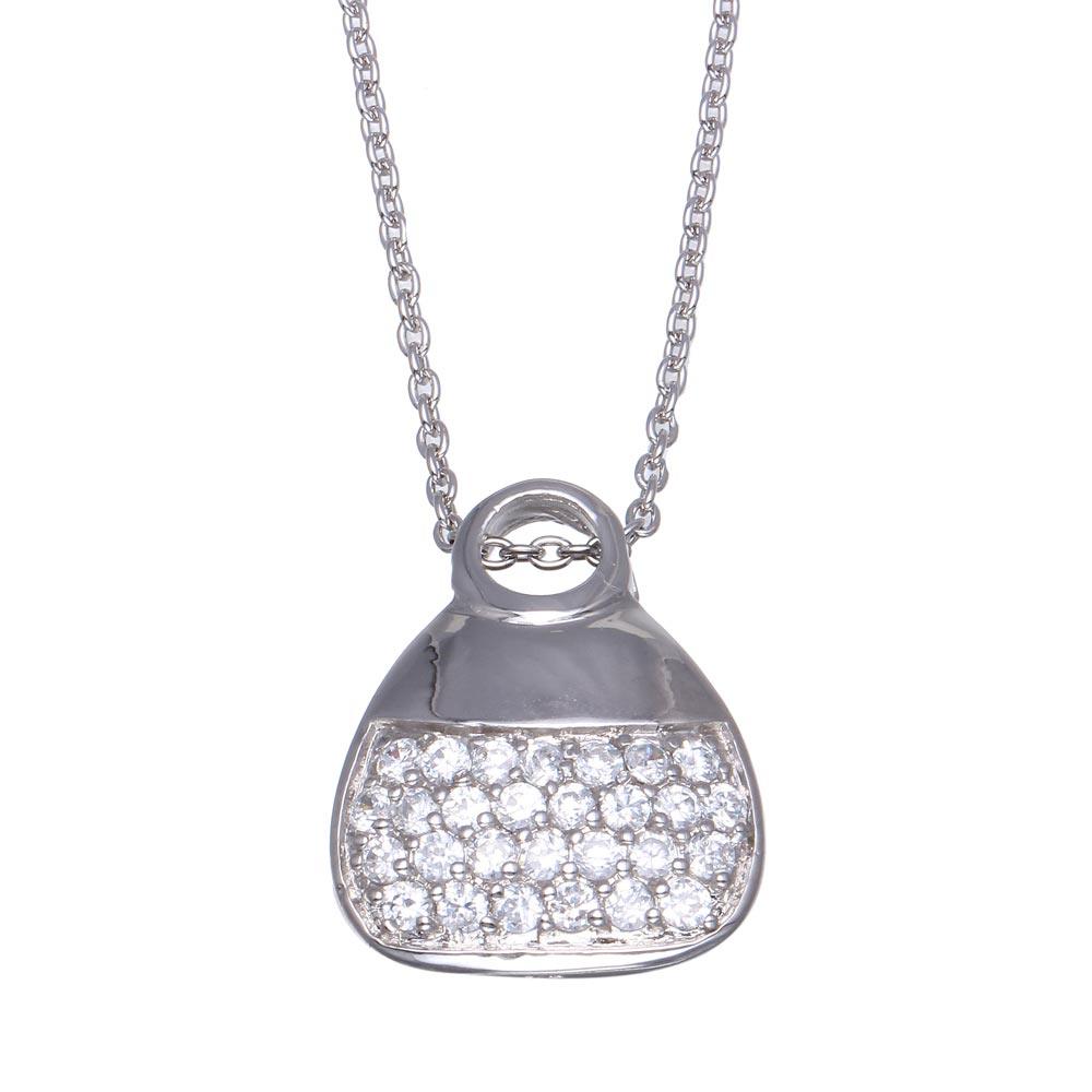 Closeout-Silver 925 Clear CZ Rhodium Plated Purse Necklace - STP00120 | Silver Palace Inc.