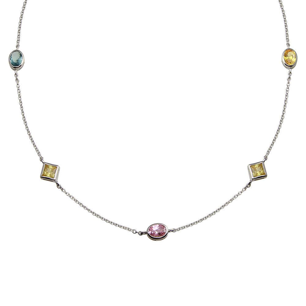 Rhodium Plated 925 Sterling Silver Multi Color and Shape CZ Necklace - STP00268 | Silver Palace Inc.