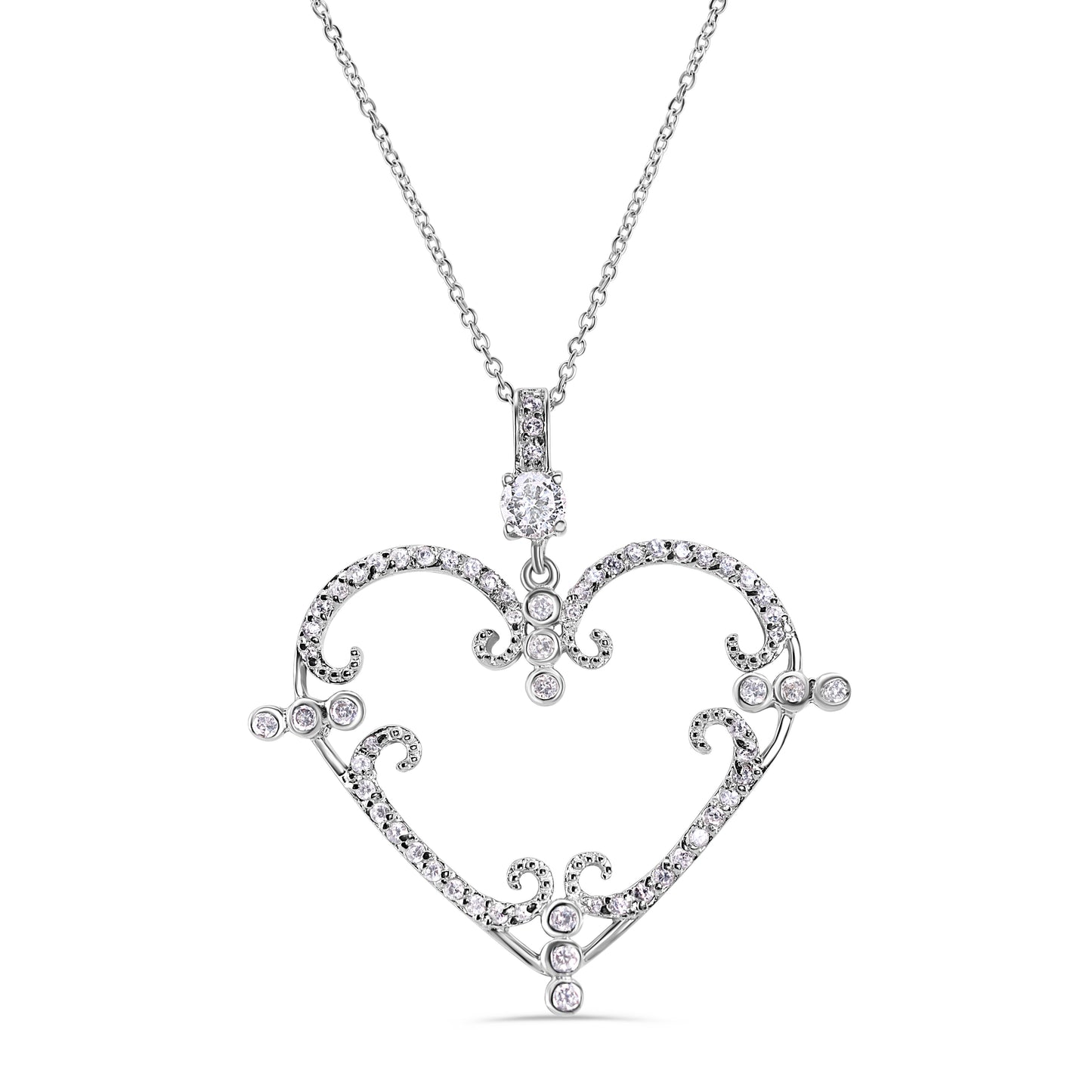 Closeout - Rhodium Plated 925 Sterling Silver Open CZ Filigree Heart Necklace - STP00605