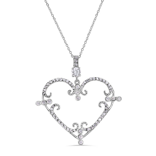 Closeout - Rhodium Plated 925 Sterling Silver Open CZ Filigree Heart Necklace - STP00605