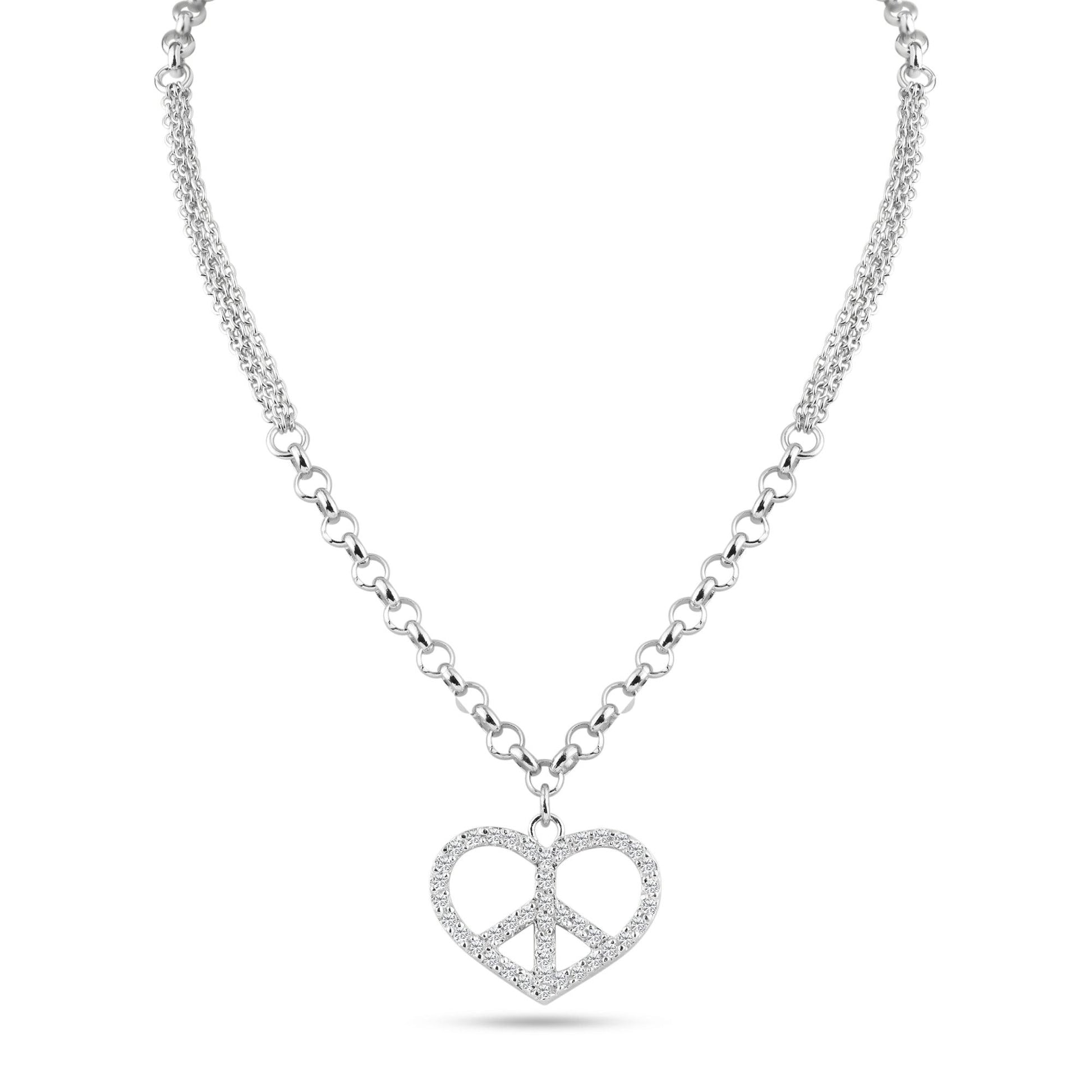 Rhodium Plated 925 Sterling Silver Double Chain Heart Peace Clear CZ Necklace - STP00867 | Silver Palace Inc.