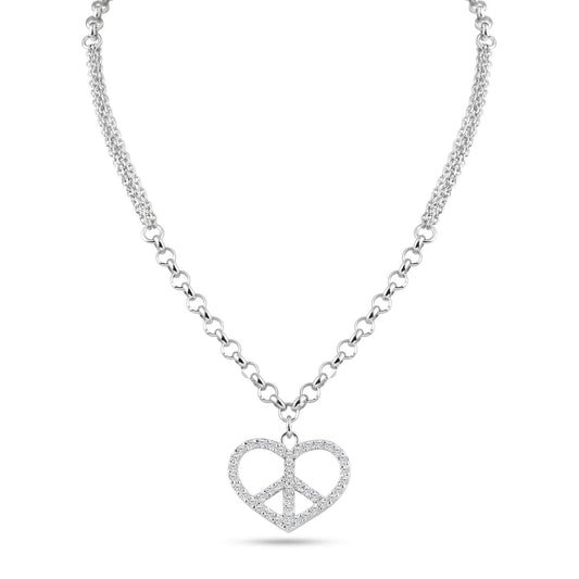 Rhodium Plated 925 Sterling Silver Double Chain Heart Peace Clear CZ Necklace - STP00867 | Silver Palace Inc.