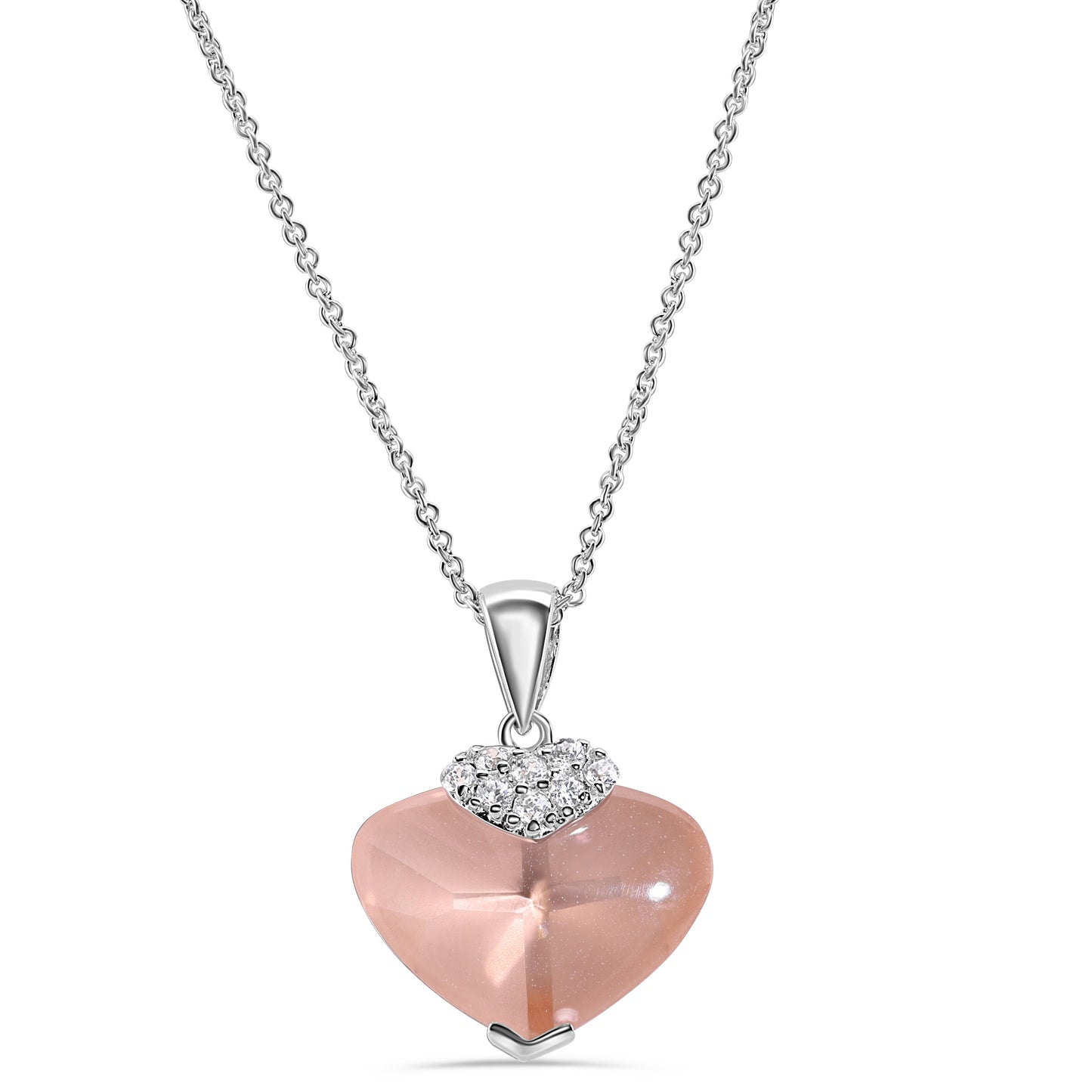 Closeout-Rhodium Plated 925 Silver Champagne CZ Heart with Cross Pendant Necklace - STP01064CH