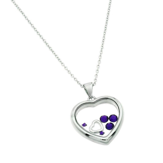Rhodium Plated 925 Sterling Silver CZ February Birthstone Glass Heart Necklace - STP01469FEB | Silver Palace Inc.