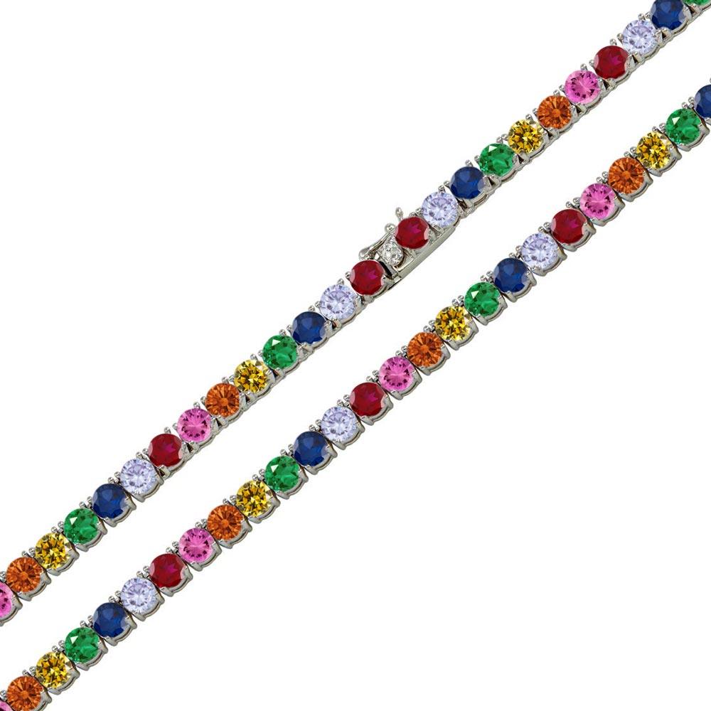 Silver 925 Rhodium Plated Rainbow Round CZ Tennis Necklace 4mm - STP01676RB