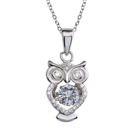 Silver 925 Rhodium Plated Owl Pendant Necklace with Dancing CZ - STP01683RH | Silver Palace Inc.