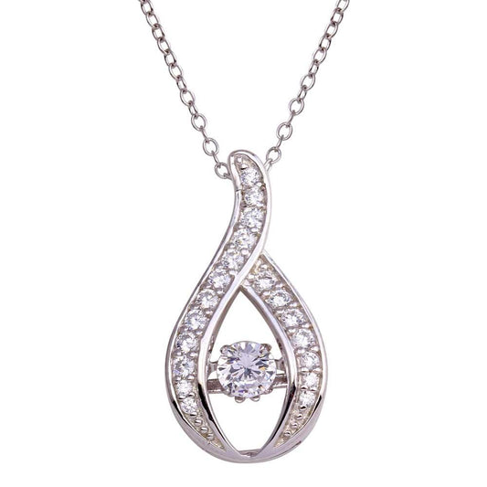 Silver 925 Rhodium Wave Design Dancing Center CZ Necklace - STP01690 | Silver Palace Inc.