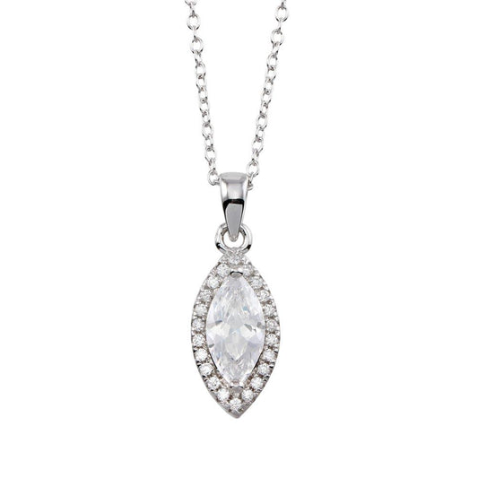 Silver 925 Rhodium Plated Clear CZ Halo Marquise Shaped Necklace - STP01751 | Silver Palace Inc.