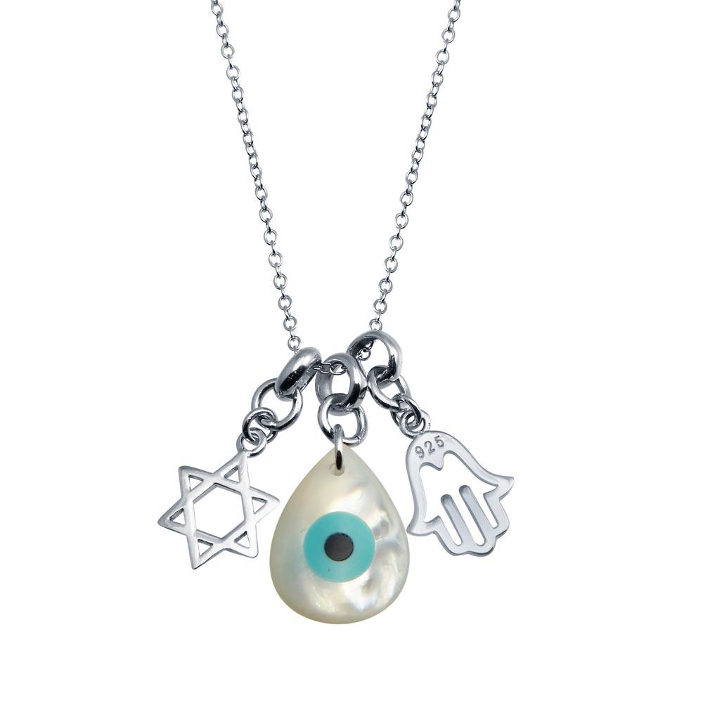Rhodium Plated 925 Sterling Silver Hamsa Hand and Evil Eye MOP Necklace - STP01763 | Silver Palace Inc.