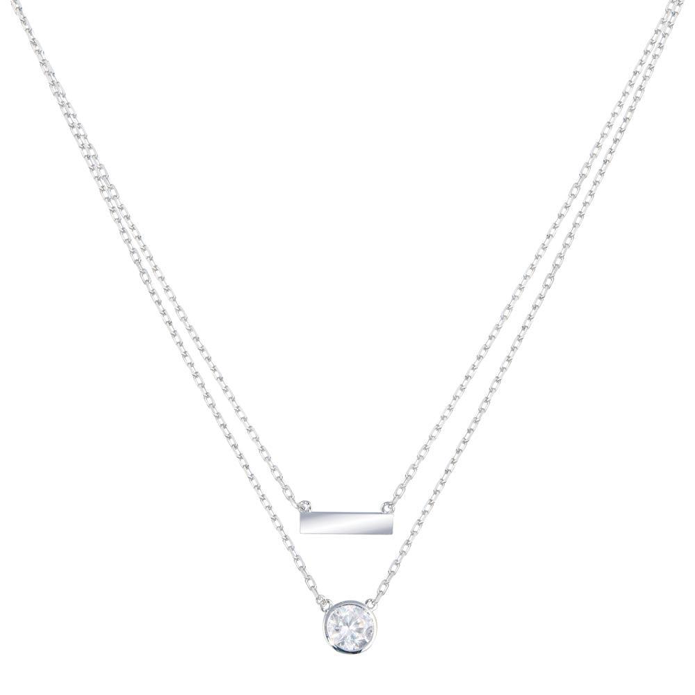 Rhodium Plated 925 Sterling Silver Double Strand CZ and Bar Necklace - STP01798 | Silver Palace Inc.