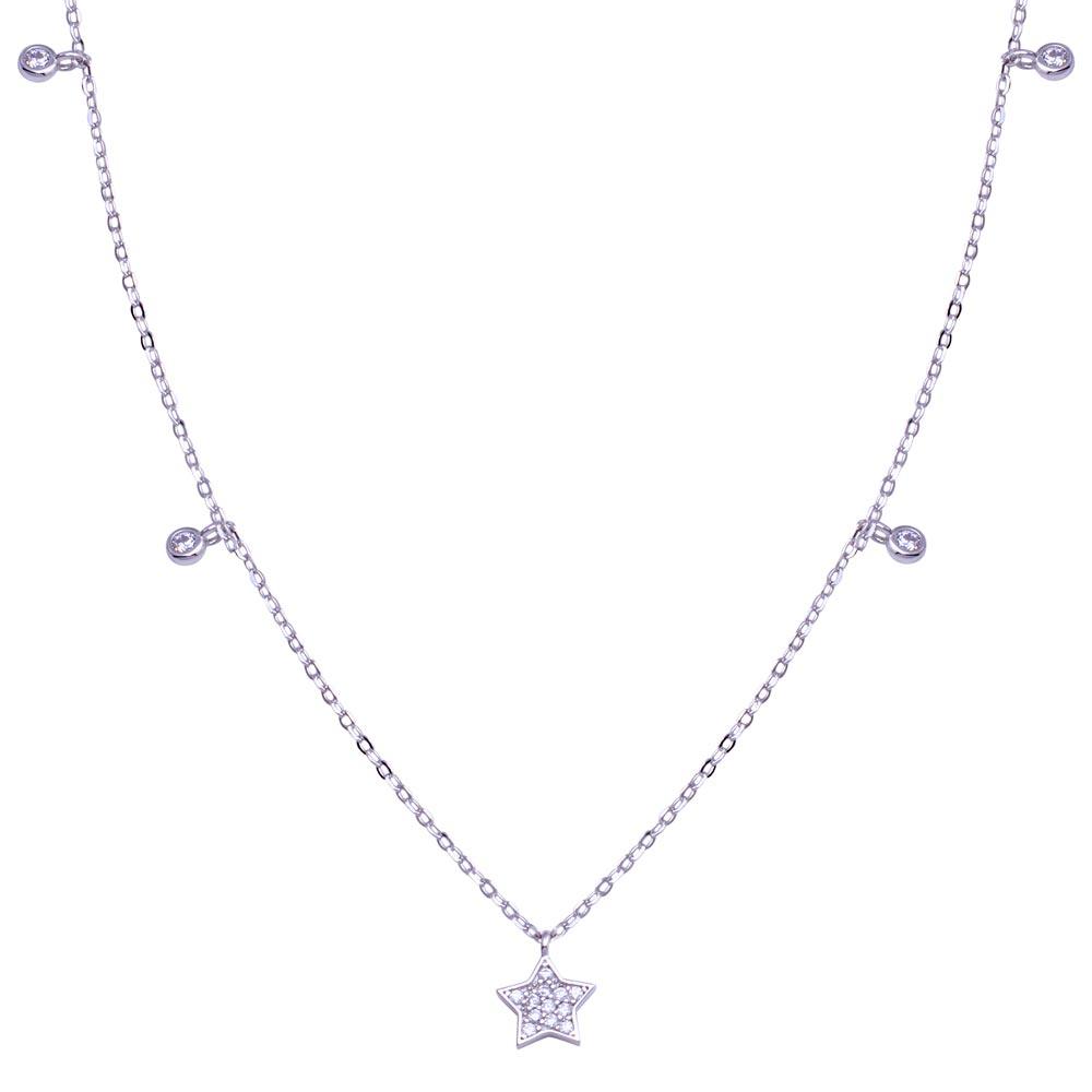 Rhodium Plated 925 Sterling Silver Star and Round CZ Necklace - STP01811 | Silver Palace Inc.