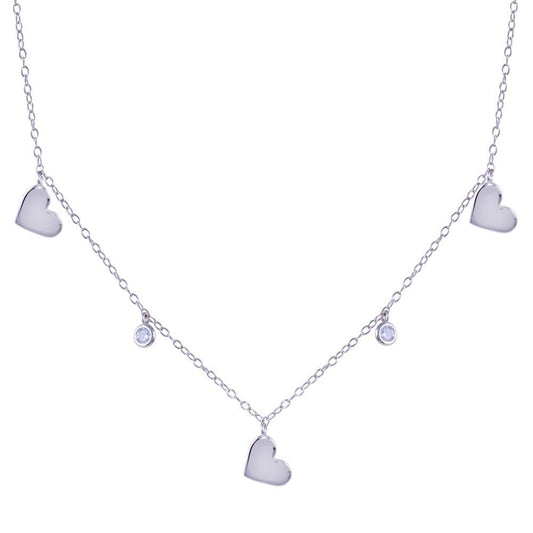 Rhodium Plated 925 Sterling Silver Dangling Heart Clear CZ Necklace - STP01814 | Silver Palace Inc.