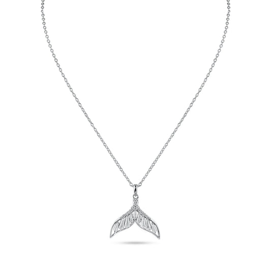 Rhodium Plated 925 Sterling Silver Whale Tail Clear Baguette CZ Necklace - STP01845 | Silver Palace Inc.