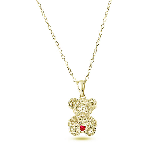 Gold Plated 925 Sterling Silver Bear Heart Red and Clear CZ Pendant Necklace - STP01858GP