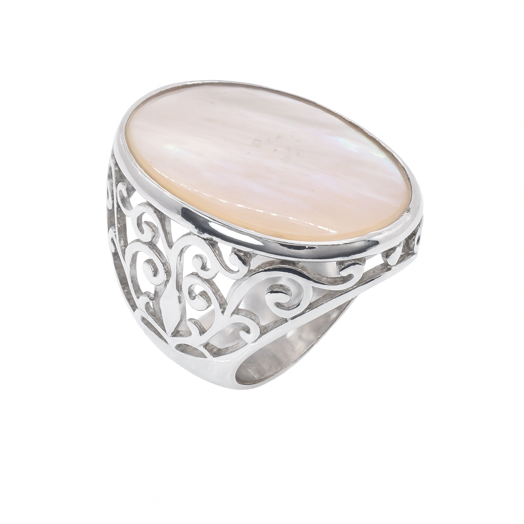 Rhodium Plated 925 Sterling Silver Filigree with Oval Mother of Pearl Centerpiece Ring  - STR00894