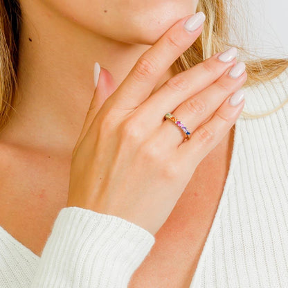 Rhodium Plated 925 Sterling Silver Multi Color Half Eternity CZ Ring - STR01116