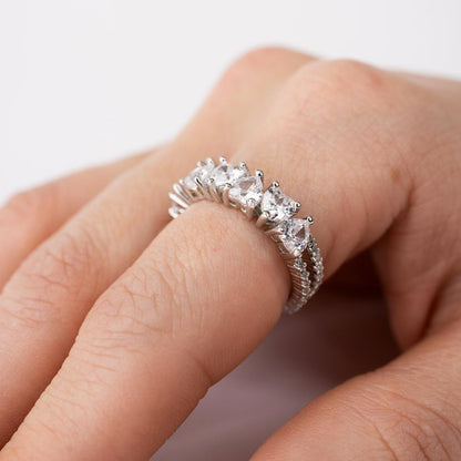 Rhodium Plated 925 Sterling Silver Two Bar Multi Heart CZ Ring  - STR01133RH