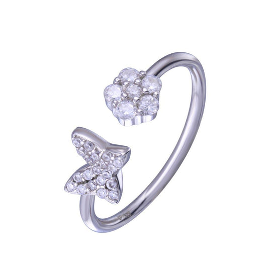 Rhodium Plated 925 Sterling Silver Butterfly Flower with Clear CZ Ring - STR01147 | Silver Palace Inc.