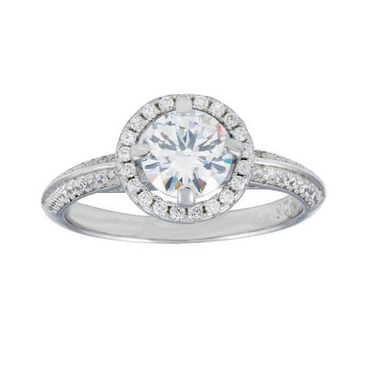 Silver 925 Rhodium Plated Halo CZ Bridal Ring - STR01110 | Silver Palace Inc.