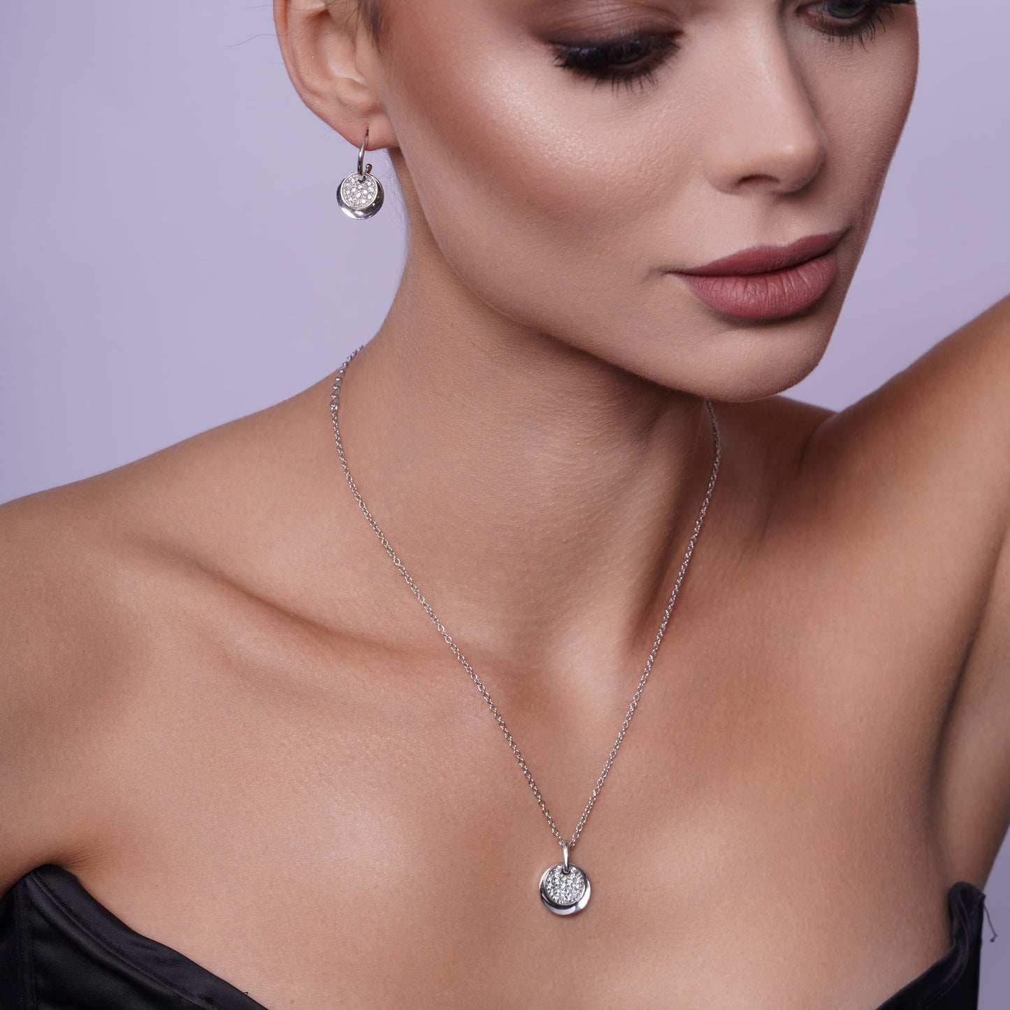 Clearance-Silver 925 Rhodium Plated Micro Pave Oval Circle CZ Dangling Hook Earring and Necklace Set - STS00034