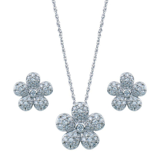 Rhodium Plated 925 Sterling Silver Flower CZ Inlay Stud Earring and Necklace Set - STS00064 | Silver Palace Inc.