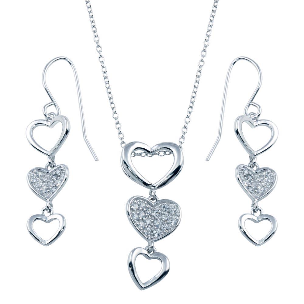 Rhodium Plated 925 Sterling Silver Multiple Graduated Open and Closed Heart CZ Hook Earring and Necklace Set - STS00103 | Silver Palace Inc.