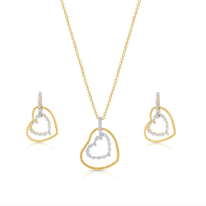 Clearance-Gold Plated 925 Sterling Silver Double Heart Dangle CZ Sets - STS00138