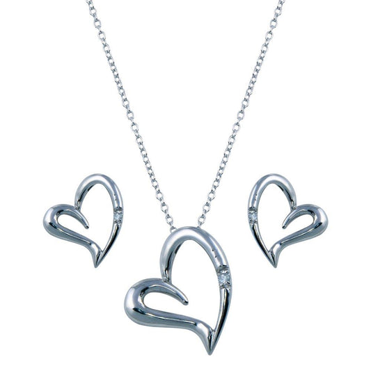 Rhodium Plated 925 Sterling Silver Open Heart CZ Stud Earring and Necklace Set - STS00159 | Silver Palace Inc.