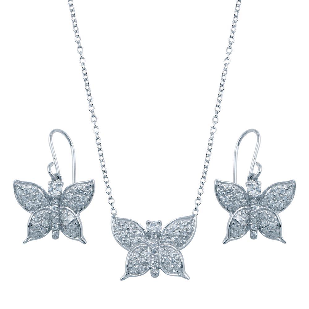 Rhodium Plated 925 Sterling Silver Butterfly CZ Hook Earring and Necklace Set - STS00160 | Silver Palace Inc.