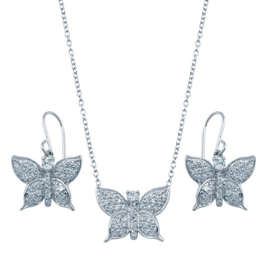 Rhodium Plated 925 Sterling Silver Butterfly CZ Hook Earring and Necklace Set - STS00160 | Silver Palace Inc.