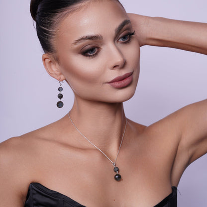 Clearance-Silver Black and Rhodium Plated Graduated Multicolor Round CZ Dangling Hook Earring and Necklace Set - STS00188