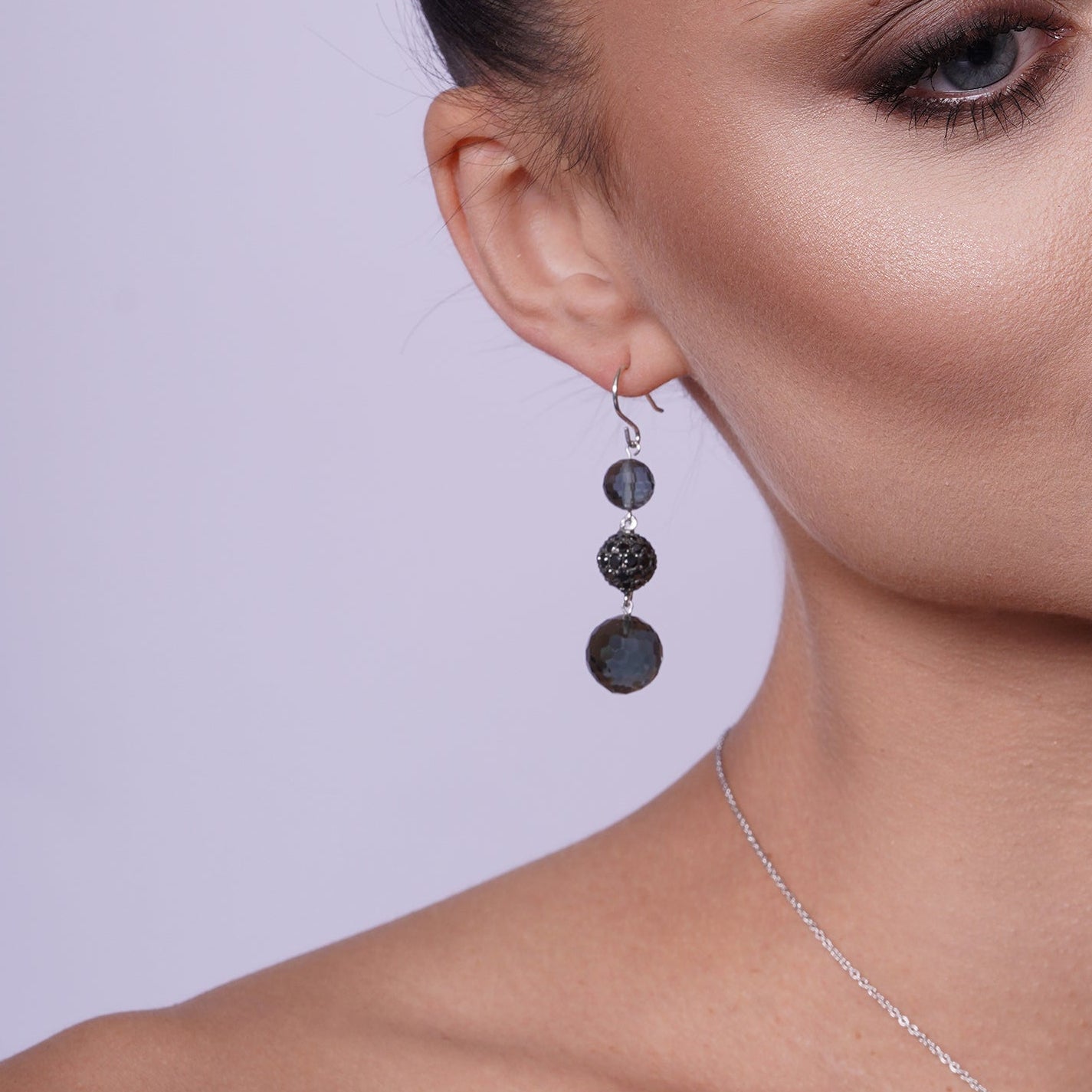 Clearance-Silver Black and Rhodium Plated Graduated Multicolor Round CZ Dangling Hook Earring and Necklace Set - STS00188