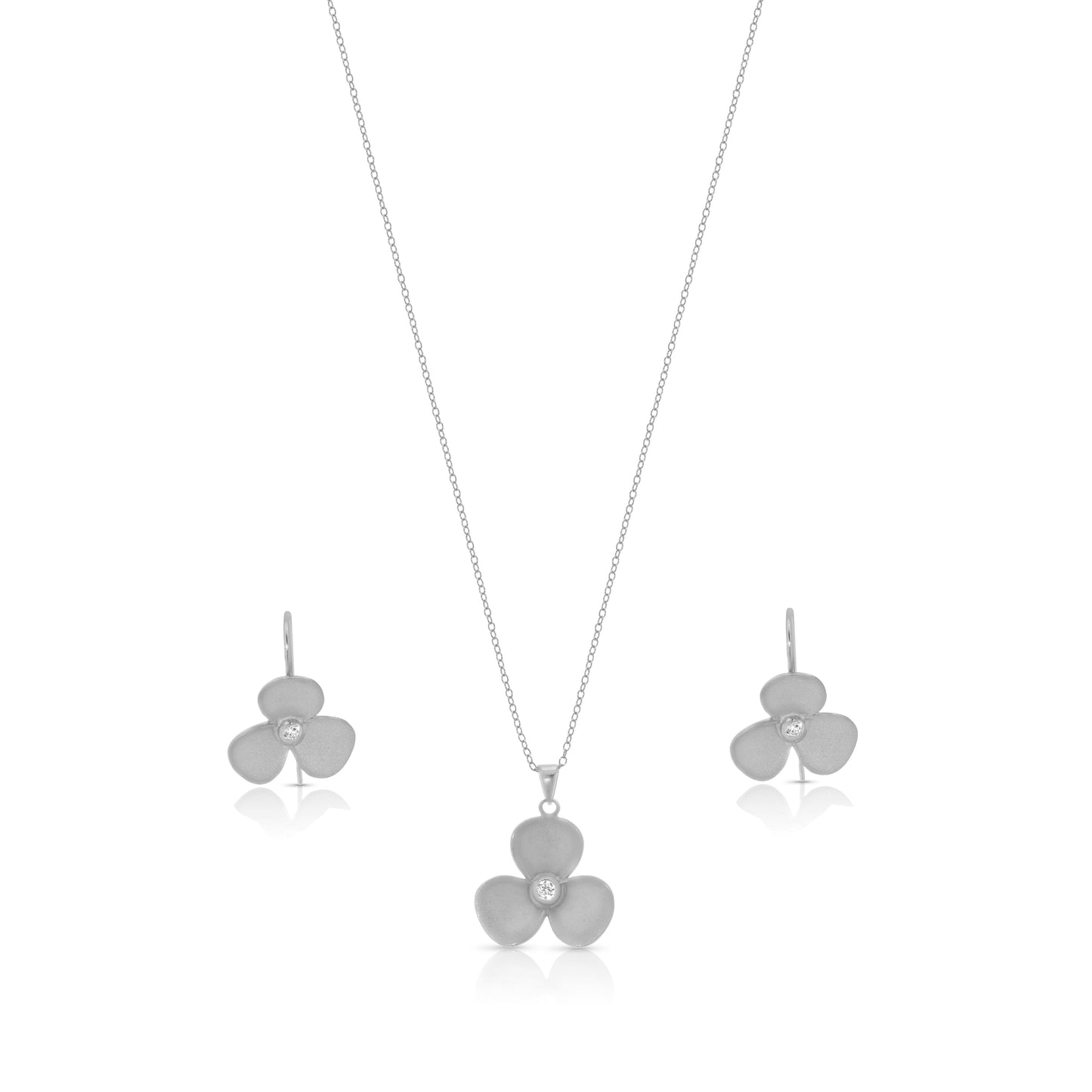 Clearance-Silver 925 Rhodium Plated Flower CZ Hook Earring and Necklace Set - STS00243