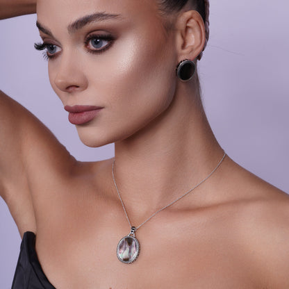 Clearance-Silver 925 Rhodium Plated Black Oval MOP CZ Stud Earring and Necklace Set - STS00368