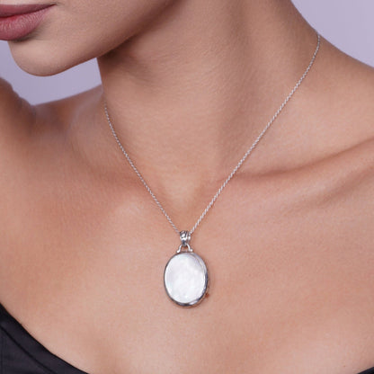 Clearance-Silver 925 Rhodium Plated White Oval Mother of Pearl CZ Stud Earring and Necklace Set - STS00369