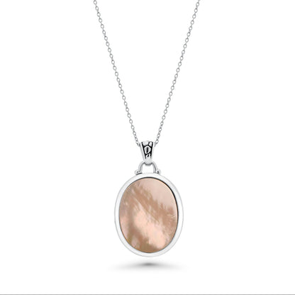 Clearance-Silver 925 Rhodium Plated White Oval Mother of Pearl CZ Stud Earring and Necklace Set - STS00369