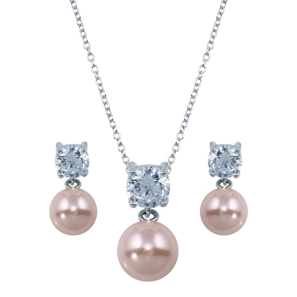 Rhodium Plated 925 Sterling Silver Pink Pearl Dangling Stud Earring and Necklace Set - STS00427 | Silver Palace Inc.