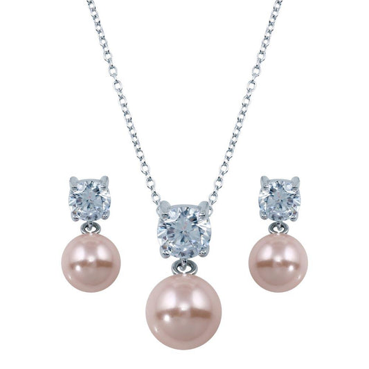 Rhodium Plated 925 Sterling Silver Pink Pearl Dangling Stud Earring and Necklace Set - STS00427 | Silver Palace Inc.