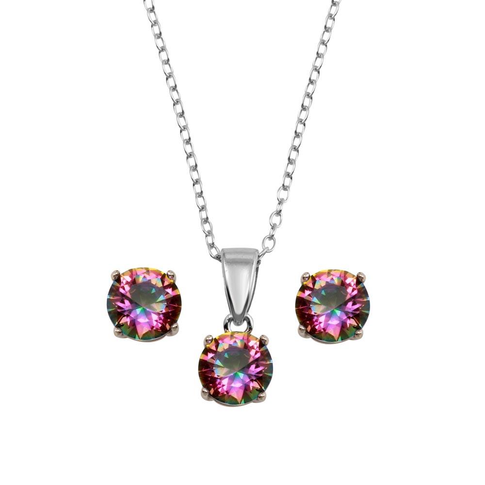 Silver 925 Rhodium Plated Plated Synthetic Mystic Topaz Set - STS00523ABD | Silver Palace Inc.