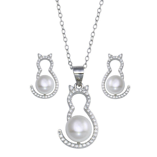 Rhodium Plated 925 Sterling Silver Cat CZ Mother of Pearl Set - STS00536 | Silver Palace Inc.