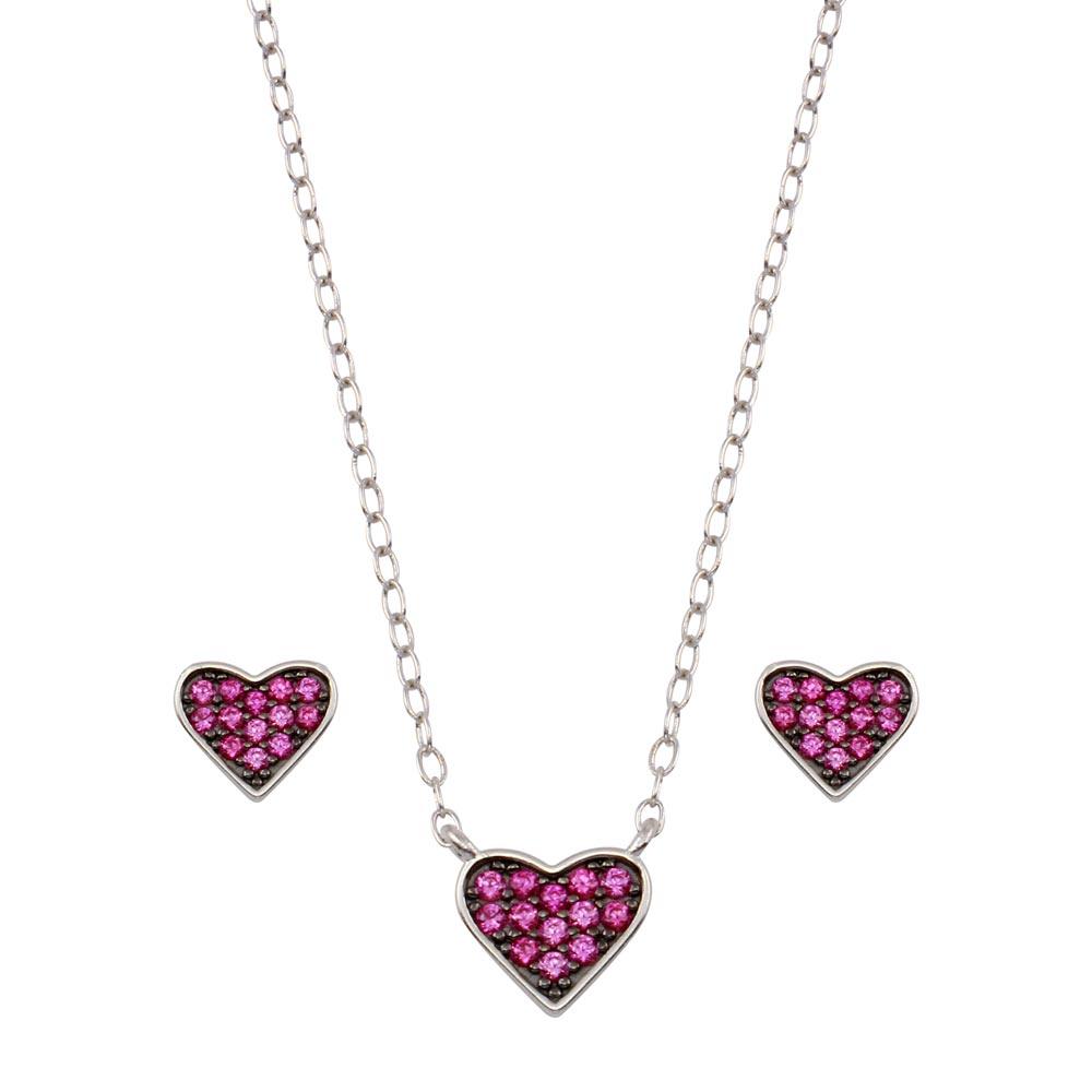 Rhodium Plated 925 Sterling Silver Red Heart Cluster Set - STS00538-RED | Silver Palace Inc.