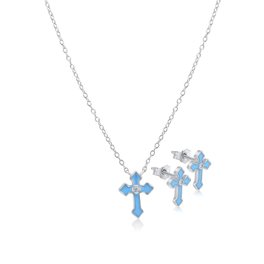 Rhodium Plated 925 Sterling Silver Blue Enamel CZ Center Stone Set - STS00551