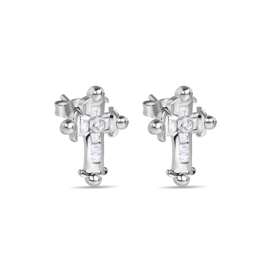 Final Price-Rhodium Plated 925 Sterling Silver Cross Clear CZ Stud Earring - STEM021