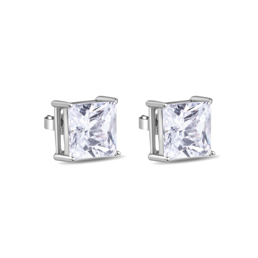 Clearance-Rhodium Plated 925 Sterling Silver Square 11mm Clear CZ Earrings- STEM082