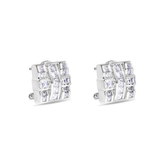 Final Price-Rhodium Plated 925 Sterling Silver Square Cross Design Clear CZ Leverback Earrings - STEM094
