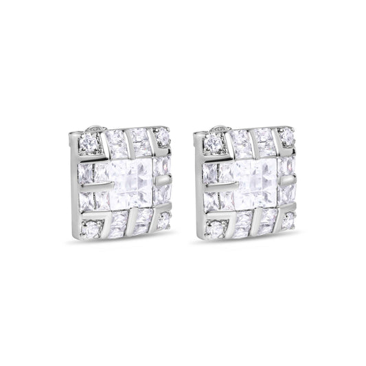 Clearance-Rhodium Plated 925 Sterling Silver Square INV Clear CZ Earrings- STEM131